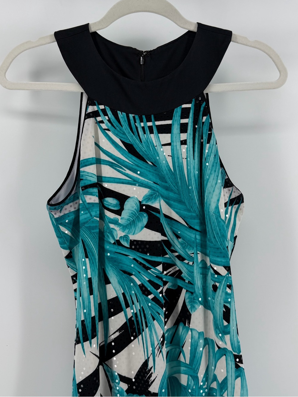 Cache Teal Black White Tropical Print Clear Sequin Sleeveless Dress, Women's 8 - Picture 2 of 9